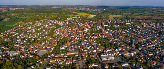 Aerial view of the city Bad Schönborn in Germany on a sunny spring day during the coronavirus lockdown.
