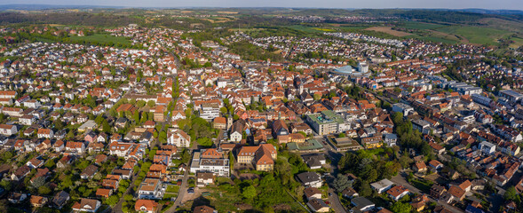Aerial view of the city Wiesloch in Germany on a sunny spring day during the coronavirus lockdown.
