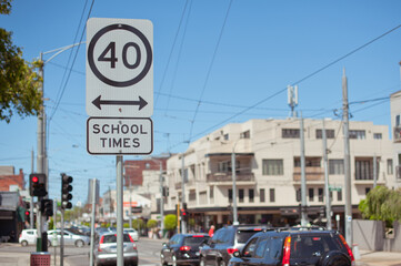 Road sign school zone. Australia, Melbourne. City street.