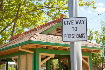 Road sign. Give way to pedestrians. Australia, Melbourne.