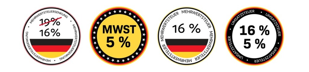Duty and taxes. German tax cut on value-added tax (VAT). Set of German VAT icons in National colors. - obrazy, fototapety, plakaty