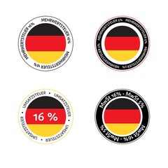Duty and taxes. German tax cut on value-added tax (VAT). Set of German VAT icons in National colors.