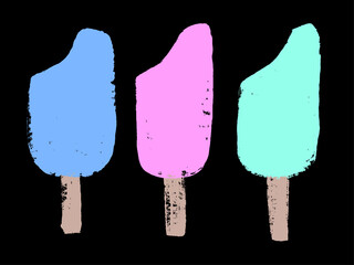 Ice cream in grunge style. Set of three. Hand-drawn brush ink collection. Colorful doodle illustration