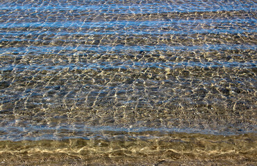 Nature as a texture. Crystal clear waters of the sea on the shore. Mood for relaxation.