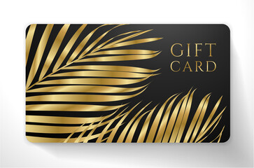 Gift Voucher/ Gift certificate with exotic gold luxe palm branch isolated on black background. Tropical premium template useful for vip invitation, golden coupon design