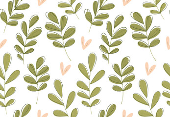 Floral pattern. Seamless vector texture with flowers for fashion prints or wall paper. Green colour. Hand drawn style, light background.