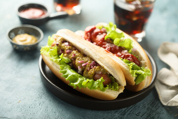 Homemade hot dogs with ketchup and mustard