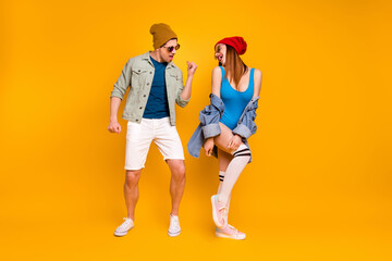 Full length body size view of his he her she nice attractive carefree glad cheerful cheery couple...