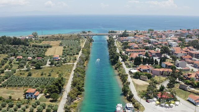 Aerial footage of Nea Potidea, town in the Moudania municipal unit, in Chalkidiki, Greece