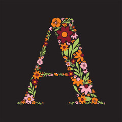 Letter A made with retro flowers. Vector image. Orange, pink, burgundy & green floral letter.