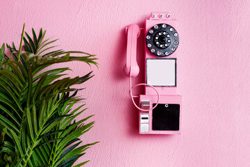 Pink old traditional phone with receiver on pastel pink background and green plant. Copy space for...