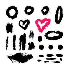 A set of abstract spots on a white isolated background. Brushes. Hearts. Vector.