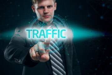Businessman presses button traffic on virtual screens. Business, Technology, Internet and network concept.