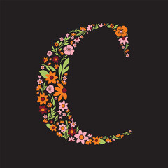 Letter C made with retro flowers. Vector image. Orange, pink, burgundy & green floral letter.
