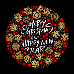 Hand drawn phrase Merry Christmas and Happy New Year. Modern dry brush lettering design. Vector typography vector illustration with golden snowflakes.