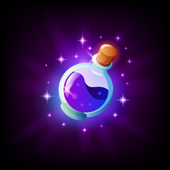 Fototapeta premium Bottle of magic potion icon for graphic user interface, dark background. Vial of elixir mobile app or pc game element. Vector illustration in cartoon style