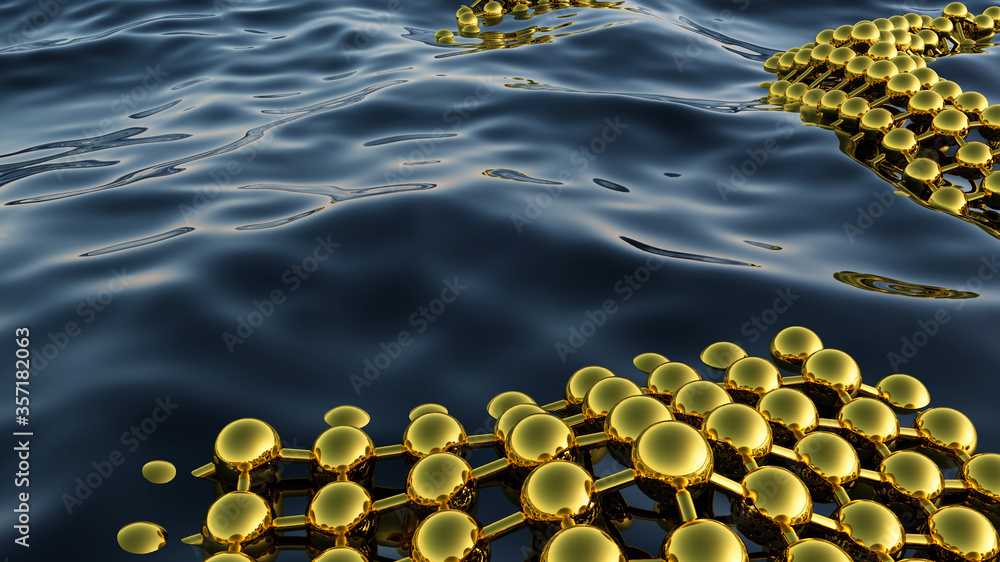 Poster abstract business science or technology background with golden lattice over the water surface. 3d il