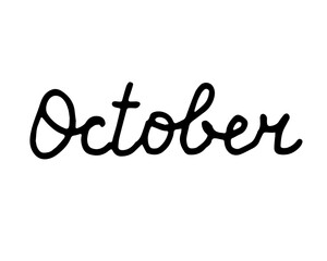 Hand drawn lettering  October. Childish simple doodle writing. Vector illustration islated on white .