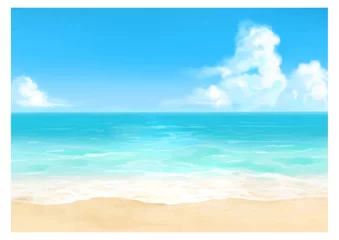 Fototapeten Vektor-Illustration des tropischen Strandes tagsüber. Handgemalter Aquarellhintergrund. © SHIROKUMA-DESIGN