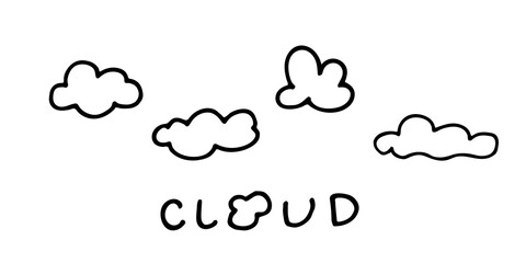 doodle cloud illustration hand drawn vector. Some simple clouds on the sky. Thick black stroke isolated