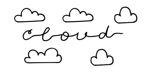 doodle cloud illustration hand drawn vector. Some simple clouds on the sky. Thick black stroke isolated
