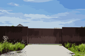 Fototapeta premium Metal fence of a house in suburb neighborhood. Rural landscape with sky,grass and fence on foreground. Vector illustration eps 10
