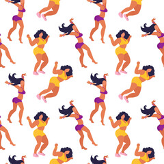 Seamless pattern with dancing girls. Young beautiful girl is dancing. Black hair, yellow underwear, pink shoes. Funny cute wrapping paper.