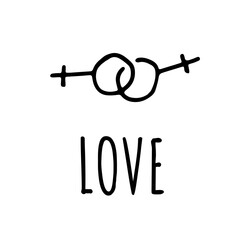 Two Symbols of man are connected. doodle style. Lettering Love. Gay parade slogan. LGBT rights symbol.