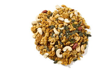 Granola with nuts isolated on white. copy space healthy food concept.