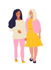Hand drawn flat style vector illustration. Pregnant woman is walking with her wife, girlfriend, sister or partner. LGBT, lesbian, homosexual, Happy family, lovers, friends concept.