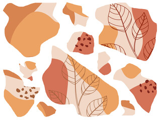 A set of colorful abstract aesthetic shapes elements leaves branches spots isolated on a white background. Autumn pastel colors