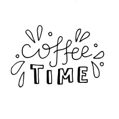 coffee time. Hand drawn lettering with black letters with shadow and calligraphy. Quote about loving coffee, drinking, lunch. Vector illustration isolated on white background.