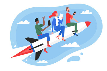 Business teamwork success concept vector illustration. Cartoon flat superhero people team flying high in sky on fast rocket, working on start new idea or startup, successful project isolated on white