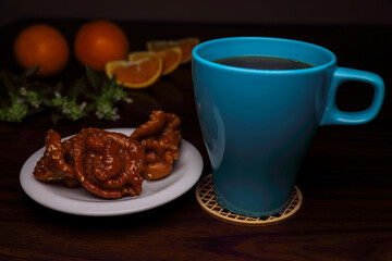 Sweet break. A cup of  tea, with national Moroccan sweetness - chebakia.