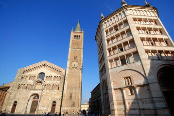 Obraz premium Italy/ Parma – June 30, 2015: Parma is the Italian capital of culture 2020. The baptistery of Parma is located next to the cathedral of Parma, symbols of Romanesque Gothic architecture.