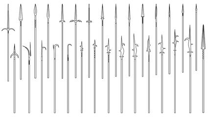 Set of simple vector images of medieval spears and halberds drawn in art line style.