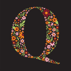 Letter Q made with retro flowers. Vector image. Orange, pink, burgundy & green floral letter.