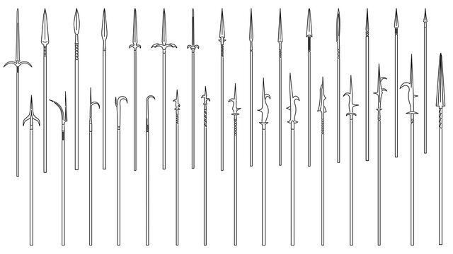 Set of simple vector images of medieval spears and halberds drawn in art line style.