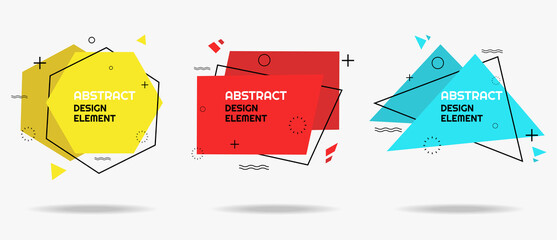 Set of 3 modern colorful design elements with geometric details, designed in memphis style for banner, title or logo. Trendy template ready for use in web, sale or print design. Eps 10 vector