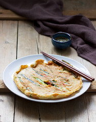 Traditional Korean fritters with green onions and chili, served with soy sauce.