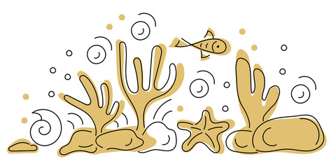Copy the space for the text. Under water. Marine vector motif . Doodle of the underwater world, sea, ocean, river . Monochrome. Aquariums