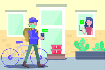Young man, courier or volunteer in a medical mask and medical gloves delivers grocery products from the supermarket to the door to prevent the spread of the corona virus