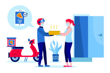 Safe fast food delivery at home during coronavirus covid-19 epidemic, man delivering a bag with a ready meal to a customer and keeping a safe distance, he is wearing a protective face mask and gloves