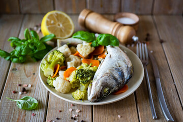 Sea bass on a plate with baked vegetables: broccoli, carrots, onions, cauliflower on a wooden table
