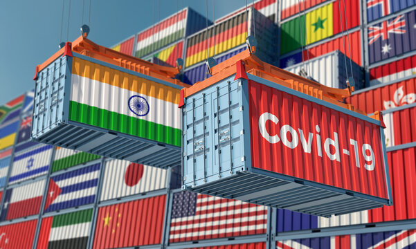 Container with Coronavirus Covid-19 text on the side and container with India Flag. Concept of international trade spreading the Corona virus. 3D Rendering © Marius Faust