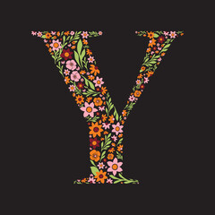 Letter Y made with retro flowers. Vector image. Orange, pink, burgundy & green floral letter.