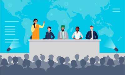 International press conference concept. A multiethnic group of people is sitting at the desk on stage. An Indian woman has a speech to the audience. Flat vector illustration.