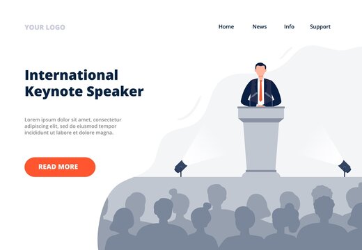 A man stands on the tribune and speaks to an audience. Politics, debates, or international press conference concept. Public speaking landing page template. Flat vector illustration.