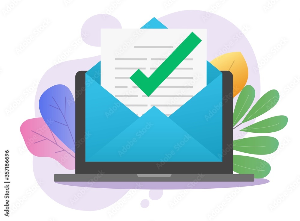 Poster approved email message notice check mark in document online on laptop computer pc or digital mail le
