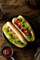 Homemade hot dogs with ketchup and mustard